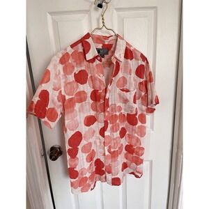 Loft 604 Linen Blend Shirt S Abstract Polka Dot Red Pink Summer Modern Boho